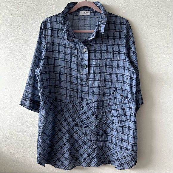 Terra Sj Apparel Women's Stand Up Collar Lagenlook 2/3 Sleeves Shirt Blue/Navy - Picture 7 of 7